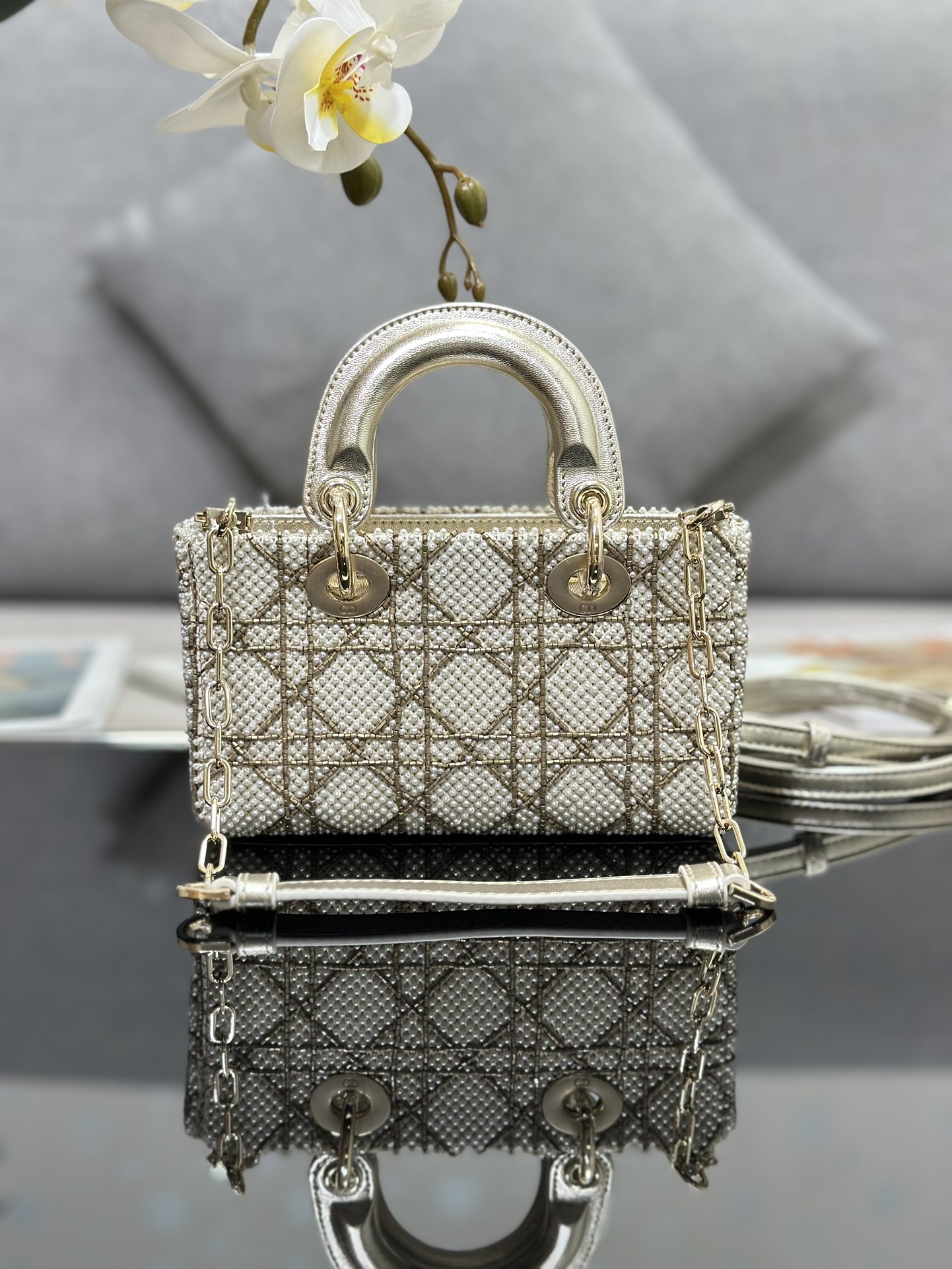 Micro Lady D-Joy Bag Silver Satin Embroidered with Pearl